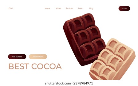 Landing page with dark, white chocolate bar pieces, candy. Chunks and blocks of brown chocolate. Milk sweet dessert, cooking ingredient for confectionery shop. Vector for banner, website