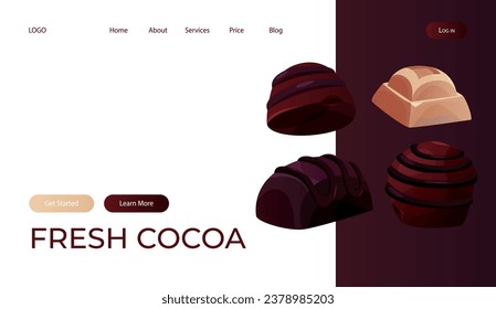 Landing page with dark, white chocolate bar pieces, candy. Chunks and blocks of brown chocolate. Milk sweet dessert, cooking ingredient for confectionery shop. Vector for banner, website