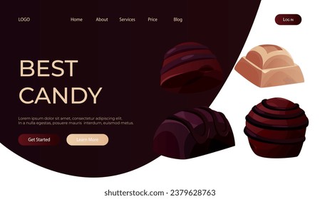 Landing page with dark, white chocolate bar pieces, candy. Chunks and blocks of brown chocolate. Milk sweet dessert, cooking ingredient for confectionery shop. Vector for banner, website