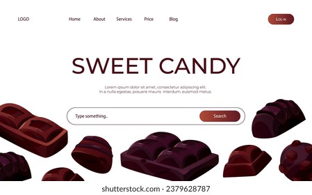 Landing page with dark, white chocolate bar pieces, candy. Chunks and blocks of brown chocolate. Milk sweet dessert, cooking ingredient for confectionery shop. Vector for banner, website