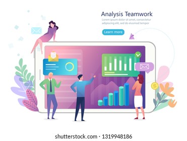 Landing page Data Analysis Process, people doing analysis on the board, can be used for landing pages, web, ui, banners, templates, backgrounds, flayer, posters - Vector