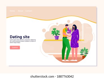 Landing page for dating site with men giving flowers to women , couple spending time together. Happy people relaxing. Boy and girl talking . Vector illustration of romantic relationship