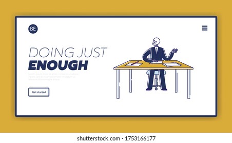 Landing page with dead from work skeleton business man at office desk. Professional exhaustion and depression concept. Workaholics abstract metaphor. Linear vector illustration