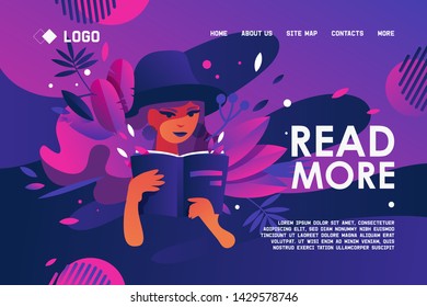 Landing page dedicated to reading and education. Girl in hat with paper book, drawn with vivid purple and blue gradients, leaves greenery. Horizontal banner concept template