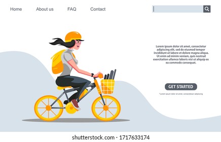 Landing page design.  Beauty girl riding yellow bicycle, student bike to school concept. . Web banner design, bicycle club, Flat style illustration. Scalable and editable vector.