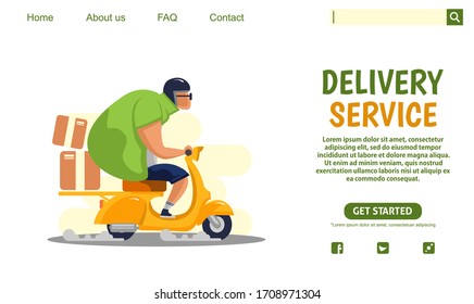 Landing page design. Big guy riding yellow scooter vintage motorcycle carrying boxes delivery service. Web banner design, scooter club, Flat style illustration. Scalable and editable vector.