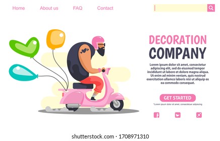 Landing page design. Big guy riding pink scooter vintage motorcycle carrying balloon decoration company. Web banner design, scooter club, Flat style illustration. Scalable and editable vector.