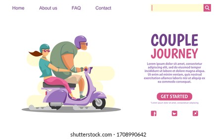 Landing page design. Big guy and beauty girl riding purple scooter vintage motorcycle adventure journey. Web banner design, scooter club, Flat style illustration. Scalable and editable vector.