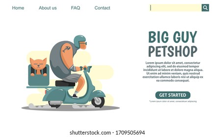 Landing page design. Big guy riding green scooter vintage motorcycle carrying cat, pet shop company. Web banner design, scooter club, Flat style illustration. Scalable and editable vector.