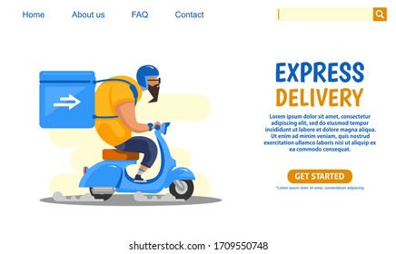  Diseño de página de inicio. Un gran tipo montando una motocicleta azul con una moto vintage, con cajas de envío expreso. Diseño de banner web, club de scooter, ilustración de estilo plano. Vector escalable y editable.