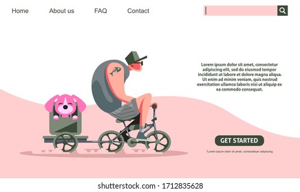 Landing page design. Big guy riding green bicycle carrying dog, pet shop company. Web banner design, bicycle club, Flat style illustration. Scalable and editable vector.