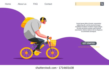 Landing page design. Big guy riding yellow bicycle, student bike to school concept. . Web banner design, bicycle club, Flat style illustration. Scalable and editable vector.