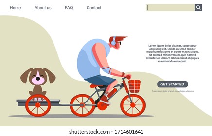 Landing page design. Big guy riding red bicycle carrying dog, pet shop company. Web banner design, bicycle club, Flat style illustration. Scalable and editable vector.