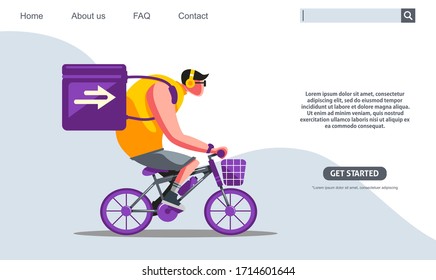 Landing page design. Big guy riding purple bicycle carrying boxes express delivery service. Web banner design, Flat style illustration. Scalable and editable vector.