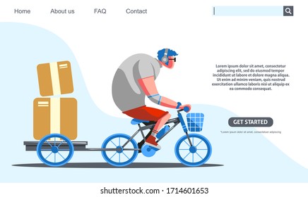 Diseño de página de inicio. Un chico grande montando una bicicleta azul transportando cajas de servicio. Diseño de banner web, club de bicicletas, ilustración de estilo plano. Vector escalable y editable.