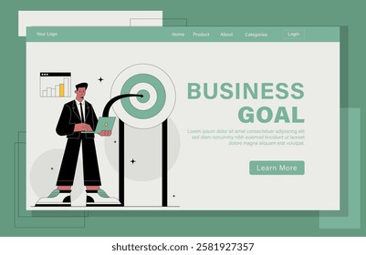 Landing page design Business Goal Illustration concept. A man is working on a laptop in front of a target.