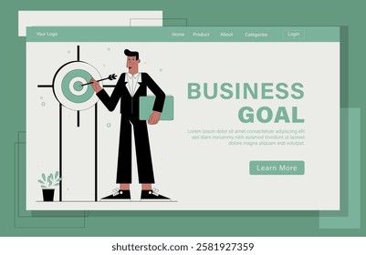 Landing page design Business Goal Illustration concept. A man in a suit is holding a dart and aiming at a target.