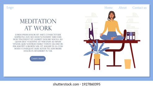 Landing page design with a business lady meditating on the desktop with a lotus pose. The concept of relaxation and meditation during the working day to avoid stress and burnout.