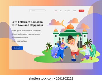Landing Page Design mit Cartoon Vektorillustration Illustration repräsentieren glückliche muslimische Kinder zu feiern Ramadan