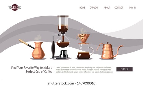 Landing page design for coffee, cafe bar, coffee shop and coffee makers. Pour-over, Turkish coffee, Syphon, Gooseneck kettle. Vector illustration for poster, banner and website.