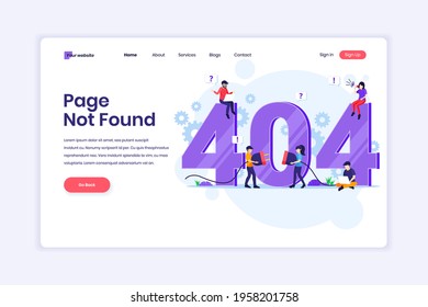 Landing page design concept of 404 error page not found with people trying to fix error on a web page near big symbol 404. Flat vector illustration