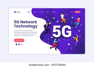 Landing page design concept of 5G Network Technology. People using High-speed wireless connection 5G. Flat vector illustration