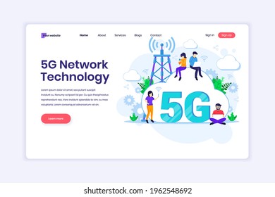 Landing page design concept of 5th Network Technology. People using High-speed wireless connection 5G. Flat vector illustration
