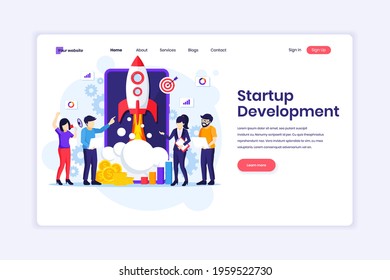 Landing page design concept of Business Startup Development, people working on a rocket and giant smartphone. Flat vector illustration