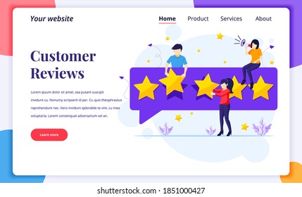 Landing page design concept of Customer reviews concept, People giving five stars rating and review, positive feedback. Customer Service and User Experience. Flat vector illustration