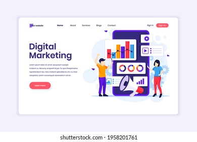 Landing page design concept of Digital Marketing, People with graphic charts and giant smartphone. Flat vector illustration