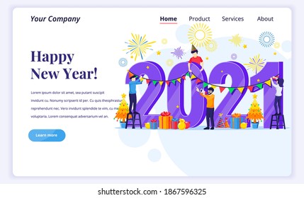 Landing page design concept of Happy new year 2021. People engaged in decorating on giant 2021 number celebrating new year's eve. Flat vector illustration