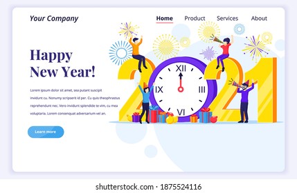 Landing page design concept of Happy new year 2021. People engaged in decorating on giant 2021 number celebrating new year's eve. Flat vector illustration