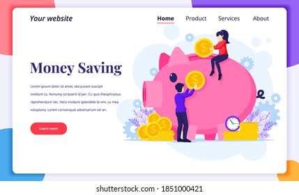 Landing page design concept of Investment, People putting money into a giant piggy bank, money-saving. Flat vector illustration