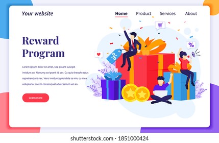 Landing page design concept of Loyalty marketing program. Group of happy people near big gift boxes, discounts, rewards card points, and bonuses. Flat vector illustration