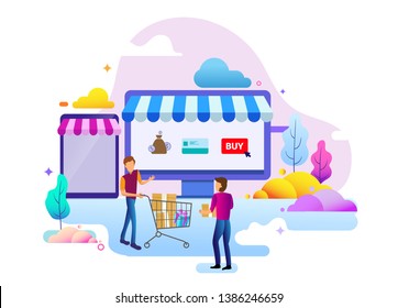 Landing Page Design Concept Of Online Shop And Ecommerce, Business Strategy And Shopping Online. Vector Illustration Concepts For Website Design Ui/ux And Mobile Website Development.