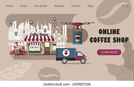 Landing page design. The concept of online coffee shop with coffee delivery service and online ordering system. Delivery by different modes of transport: drone, courier on a scooter and truck