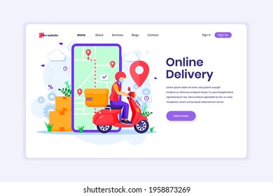 Landing page design concept of Online Delivery service with a delivery man using scooter wearing a mask. Online order tracking. Flat vector illustration