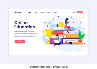 Landing page design concept of Online Learning, Webinar, and online education with characters. Flat vector illustration