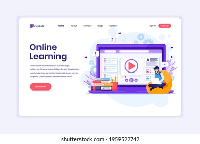 Landing page design concept of Online Learning, A man learning online at home. Flat vector illustration