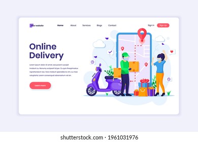 Landing page design concept of Online Delivery service with a Courier in uniform and a young woman with a medical mask. Flat vector illustration