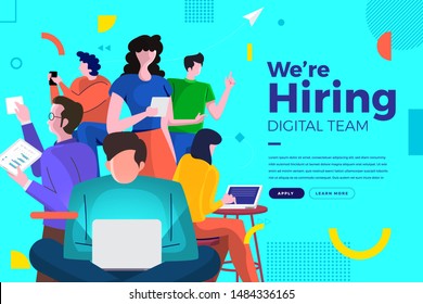 Landing Page Design Concept We Are Hiring Digital Team. Illustrations Group People Worker Teamwork Present Professional Skill. Vector Illustrate.