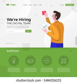 Landing page design concept we are hiring digital team. Illustrations group people worker teamwork present professional skill. Vector illustrate.