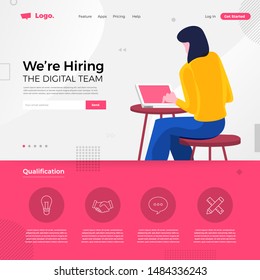 Landing page design concept we are hiring digital team. Illustrations group people worker teamwork present professional skill. Vector illustrate.