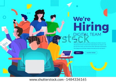 Landing page design concept we are hiring digital team. Illustrations group people worker teamwork present professional skill. Vector illustrate.