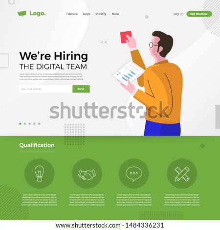 Landing page design concept we are hiring digital team. Illustrations group people worker teamwork present professional skill. Vector illustrate.