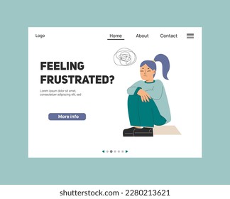 Lanzar el diseño de la página con el concepto de pensamientos confundidos. Triste y frustrada ilustración de las niñas portadoras. Plantilla de página Web.