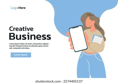 Landing Page Design of Creative Business. Woman Holding Phone and Papers Illustrator Concept for Website Development