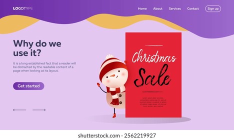 Landing page design with cute snowman and sample text. Christmas Sale red banner  and cartoon snowman in hat and scarf waving hand. Illustration can be used for sales, special offers