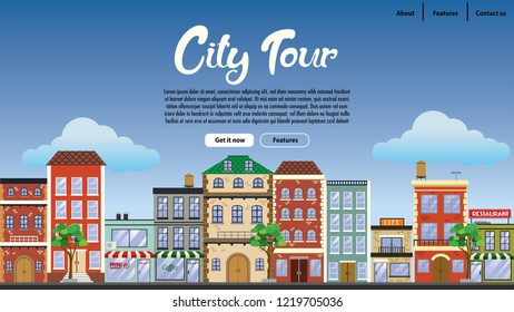 landing page design downtown with flat vector style