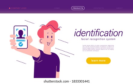 Landing page design with face identification and id recognition concept. Mobile app, webpage interface. Cartoon style. Vector flat illustration.